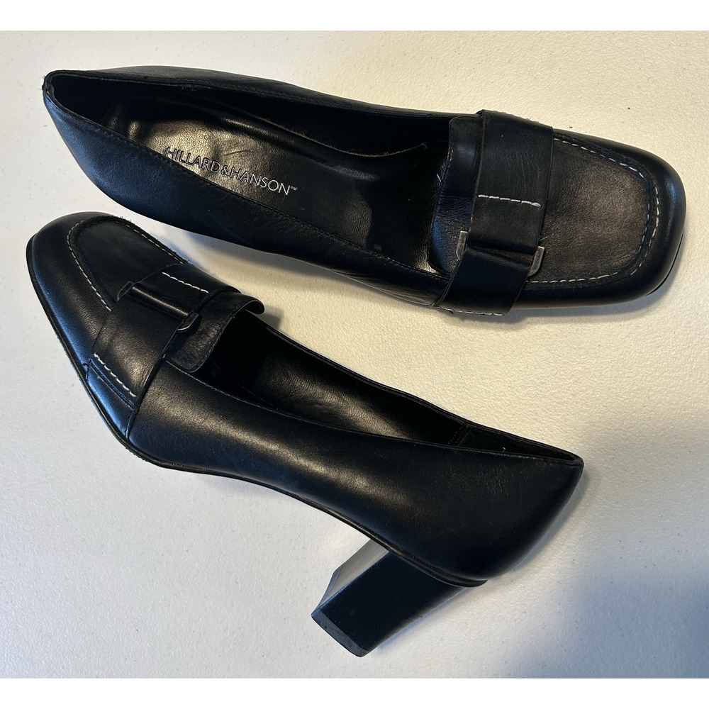 Hillard & Hanson Black Leather Block Heel Pumps Buckle Accent Square Toe Size 7